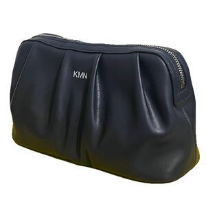 Mark & Graham Navy Pleated Vegan Leather Cosmetic Toiletry Bag Monogram KMN 11x7